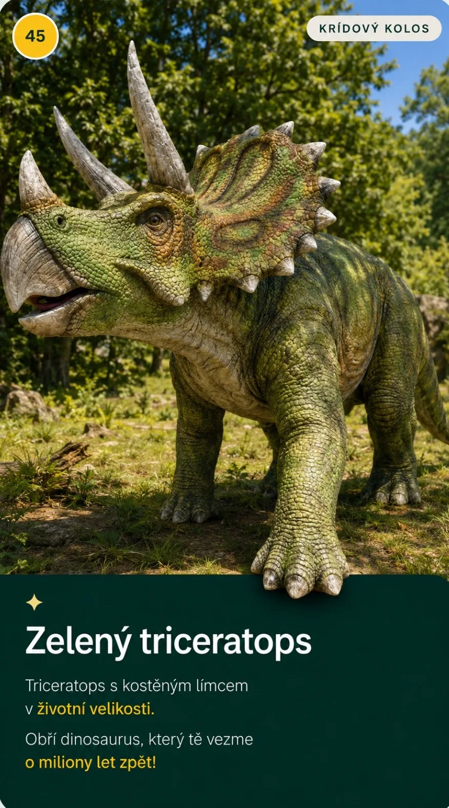 Zelený triceratops, obří model v parku Svět obrů, Chlum u Třeboně