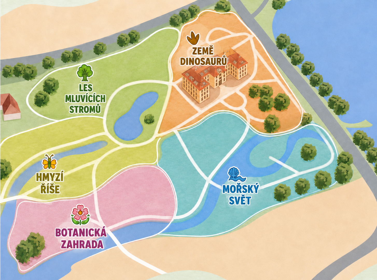 Mapa parku Svět obrů – Země dinosaurů, Les mluvících stromů, Hmyzí říše, Botanická zahrada, Mořský svět