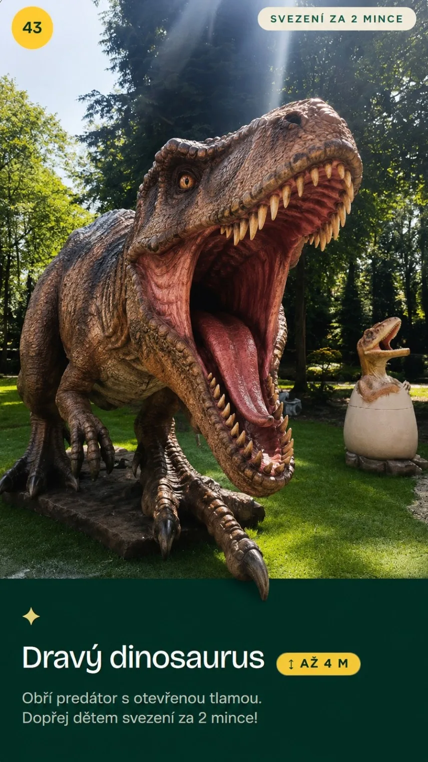 Dravý dinosaurus, obří model v parku Svět obrů, Chlum u Třeboně