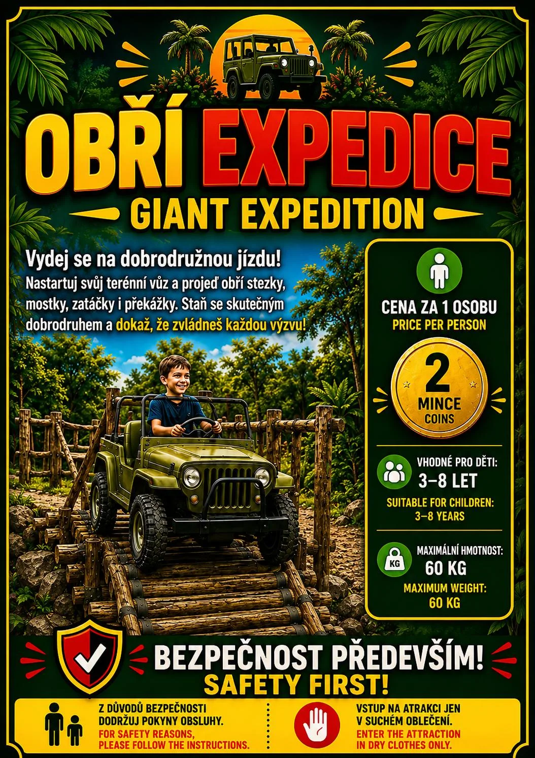 Obří expedice, plakát atrakce v parku Svět obrů