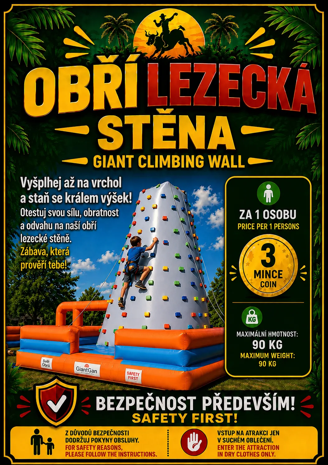 Obří lezecká stěna, plakát atrakce v parku Svět obrů