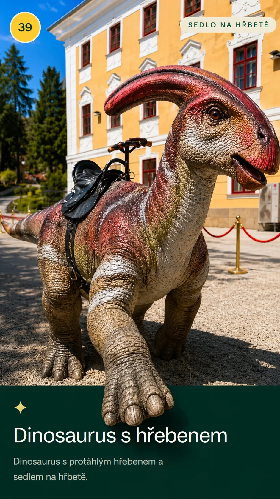 Dinosaurus s hřebenem, obří model v parku Svět obrů, Chlum u Třeboně