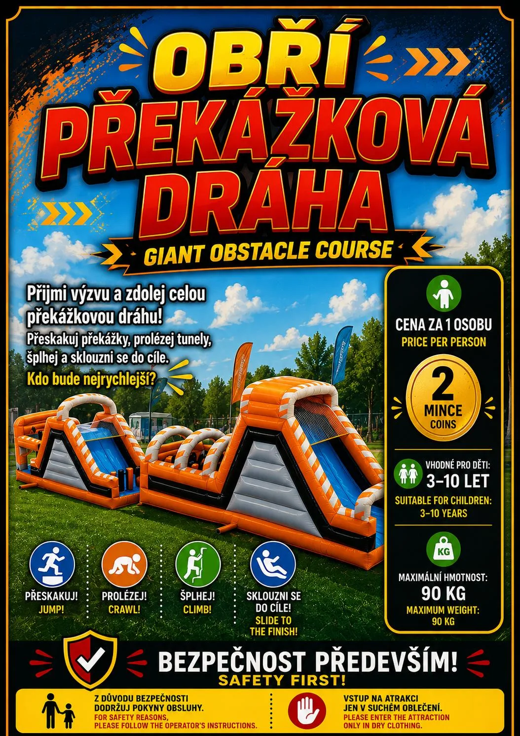 Obří překážková dráha, plakát atrakce v parku Svět obrů