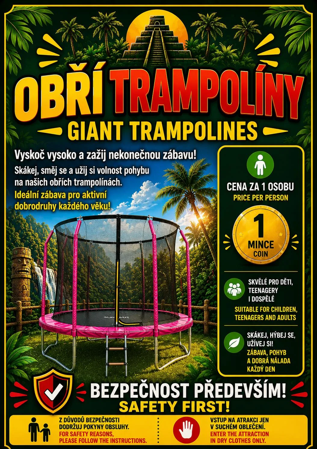 Obří trampolíny, plakát atrakce v parku Svět obrů