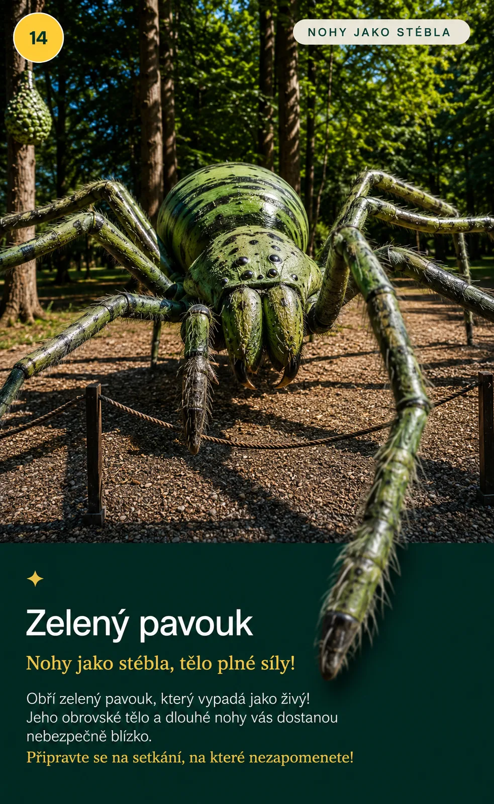 Zelený pavouk, obří model v parku Svět obrů, Chlum u Třeboně